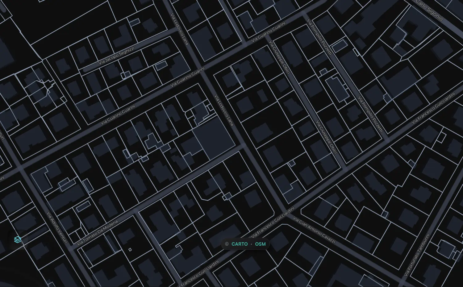 Mappa catastale interattiva di Modena: estratto dell'app con i mappali del foglio 158 e i dati delle particelle